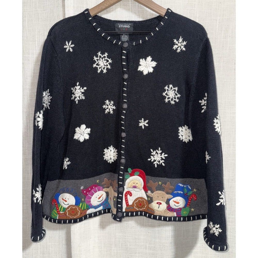 Vintage Designers Studio Christmas Women's L Sweater Cardigan Santa Snowman - Picture 2 of 10